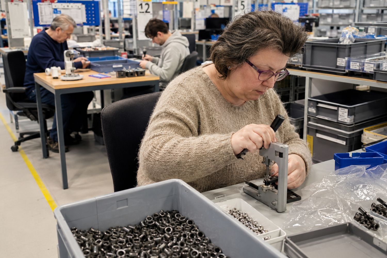 Medewerkers aan het werk in een sociaal ontwikkelbedrijf, geconcentreerd bezig met assemblage