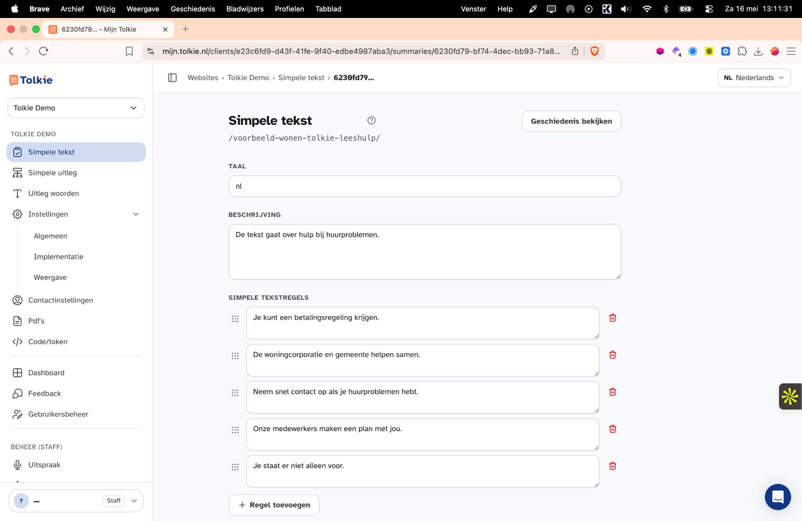 Screenshot van het Mijn Tolkie dashboard