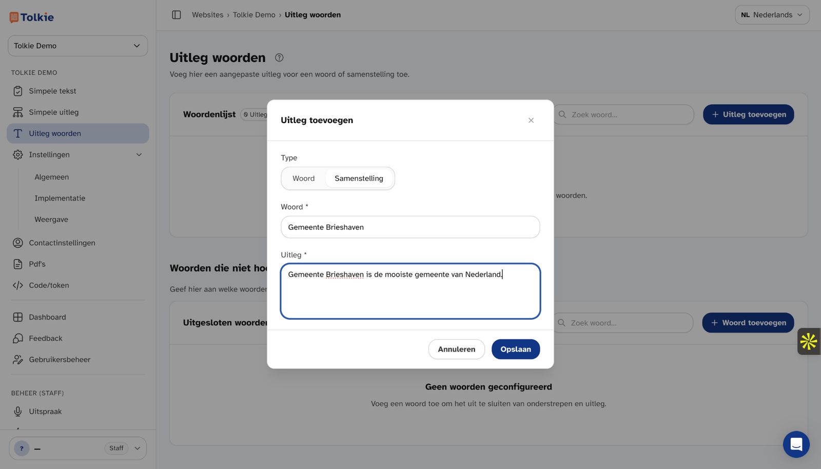 Interface met menu en instellingenkaarten