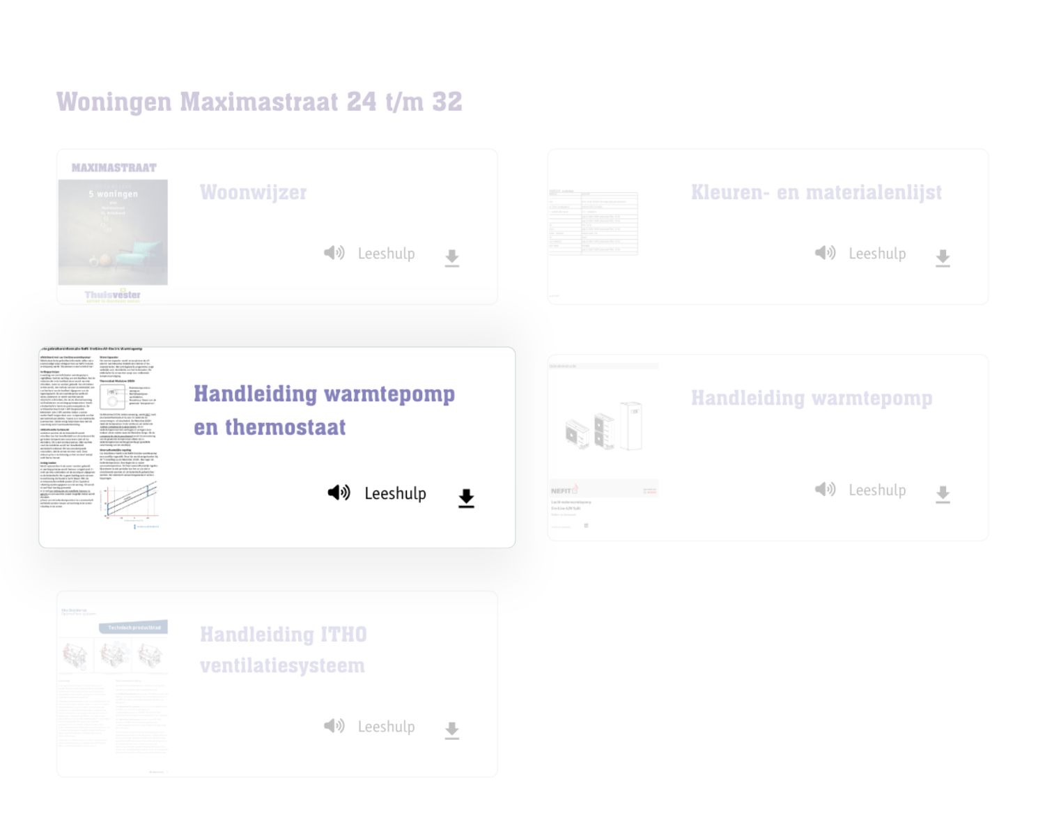 Documentoverzicht van Thuisvester met bij elk pdf-document een knop Leeshulp