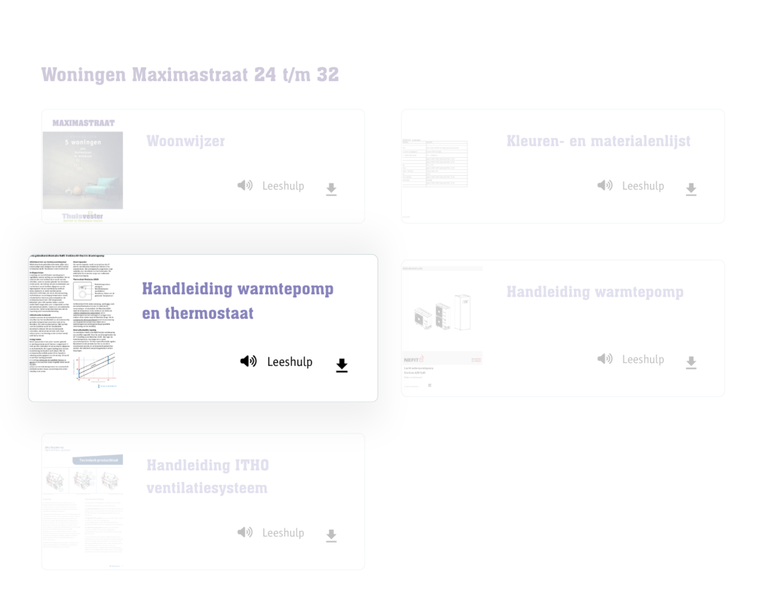 Documentoverzicht van Thuisvester met bij elk pdf-document een knop Leeshulp